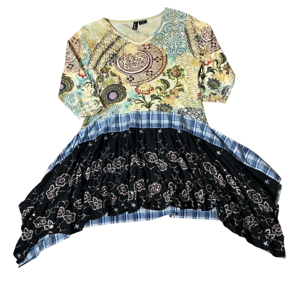 Zashi Womens Lagenlook XL Mixed Media Boho Tunic Top Plaid‎ Floral Handkerchief